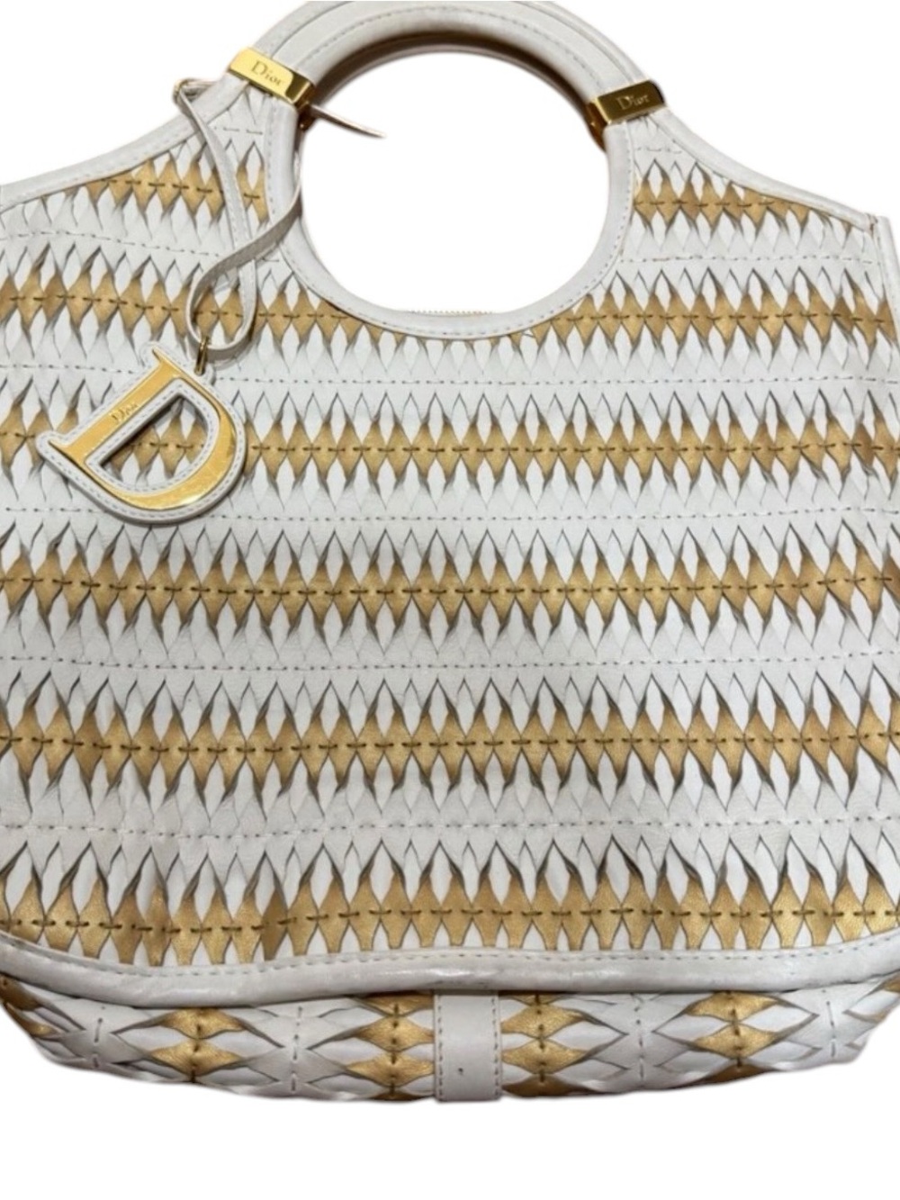 Auth RARE Dior White Gold woven Leather Tote  large Summer Bag D Charm + COA ✅